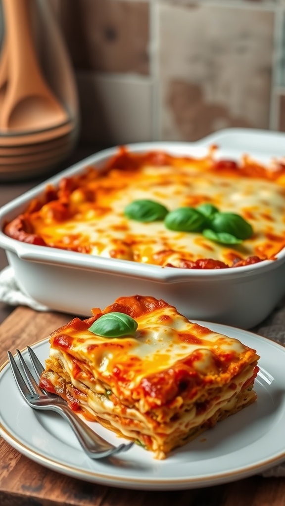 A slice of cheesy lasagna on a plate with a baking dish in the background, garnished with basil.